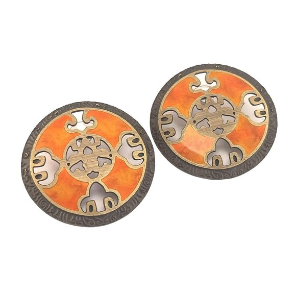 Brass and Enamel Round Pierce Cutout Earrings Round Post Back 2 Inch - Picture 5 of 5